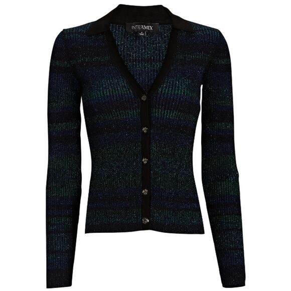 Intermix Sienna Ribbed Metallic Blue Green Striped Lurex Cardigan Collar Stretch - Picture 3 of 14